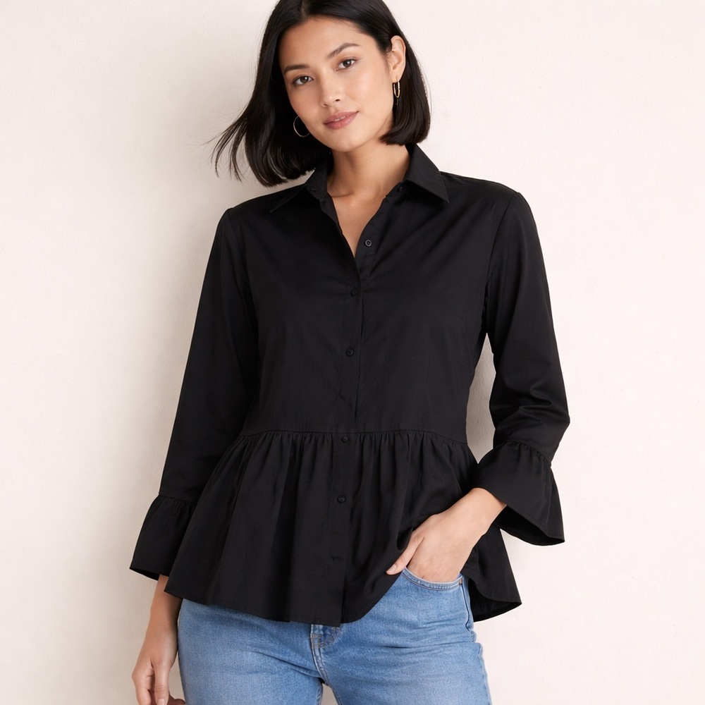 Chico’s Black Label Peplum Button Down Blouse Black Ruffle Sleeve Stretch Top
